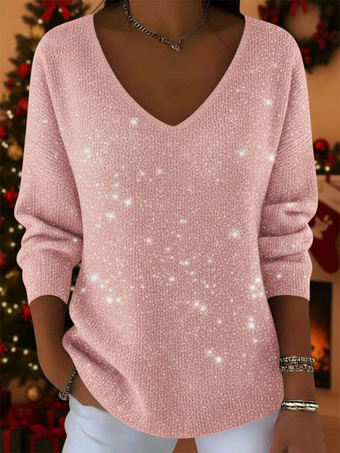 Falyn - Elegant V-Neck Sparkle Sweater